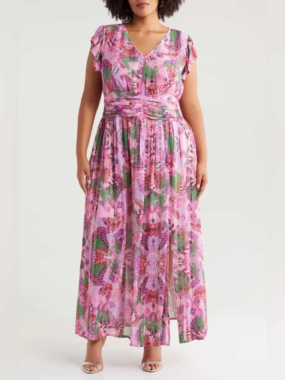 Ciebon Pink Tropical Print Metallic Flutter Cap Sleeve Maxi Dress 1X